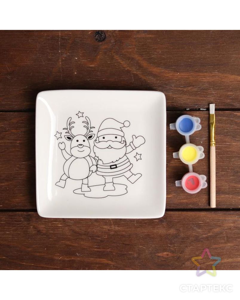 Набор тарелка под раскраску «Олень и Дед Мороз» краска 3 цв по 2 мл, кисть арт. СМЛ-199884-1-СМЛ0004962546 2