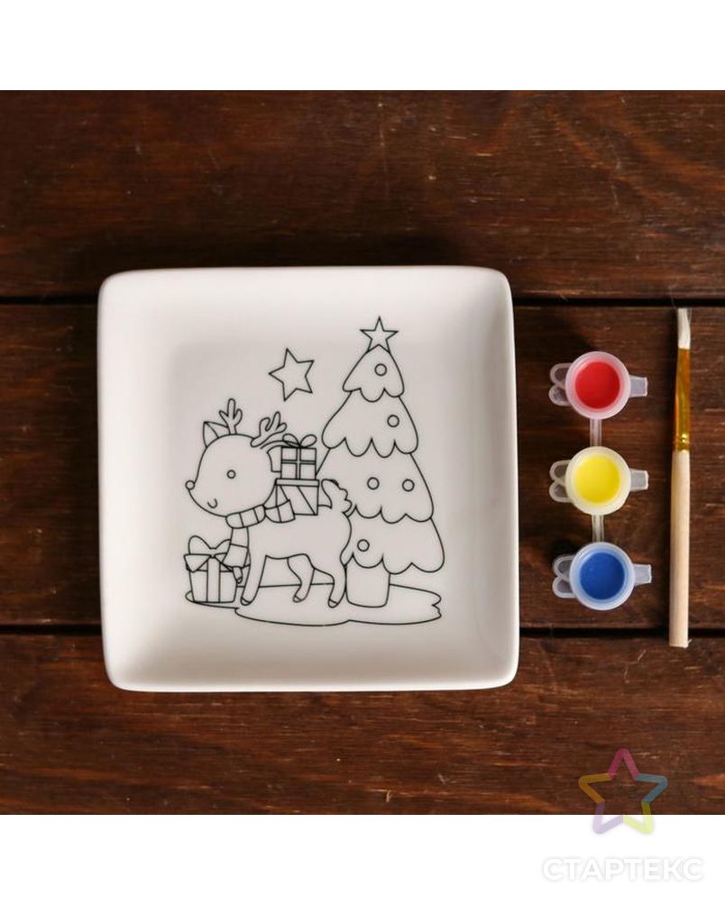 Набор тарелка под раскраску «Олень с подарками» краска 3 цв по 2 мл, кисть арт. СМЛ-199885-1-СМЛ0004962547 2