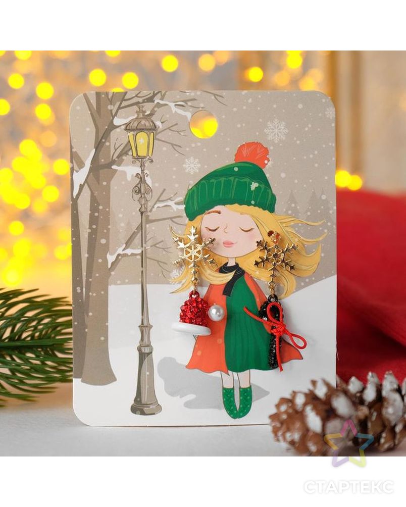 Серьги "Новогодние" снежинки с атрибутикой, цветные в золоте арт. СМЛ-106045-1-СМЛ0004964968 1