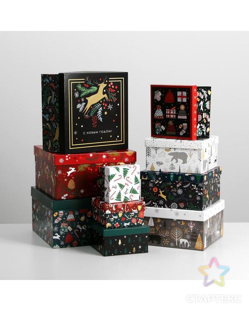 Набор подарочных коробок 10 в 1 «Новогодний», 10.2 × 10.2 × 6‒28.2 × 28.2 × 15 см арт. СМЛ-89183-1-СМЛ0005047030 1