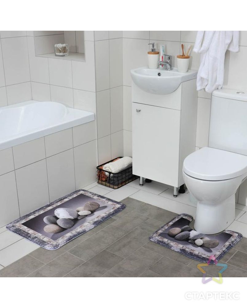 Набор ковриков для ванны и туалета «Камушки», 2 шт: 45×70, 39×45 см арт. СМЛ-39108-1-СМЛ0005047741 1