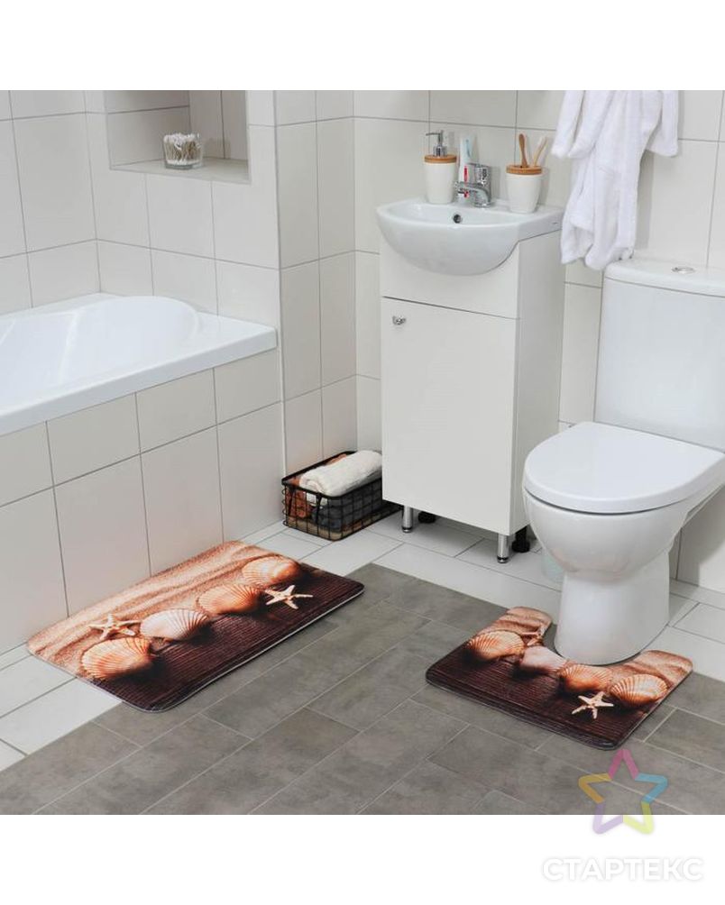 Набор ковриков для ванны и туалета «Ракушки», 2 шт: 45×70, 39×45 см арт. СМЛ-39110-1-СМЛ0005047743 1