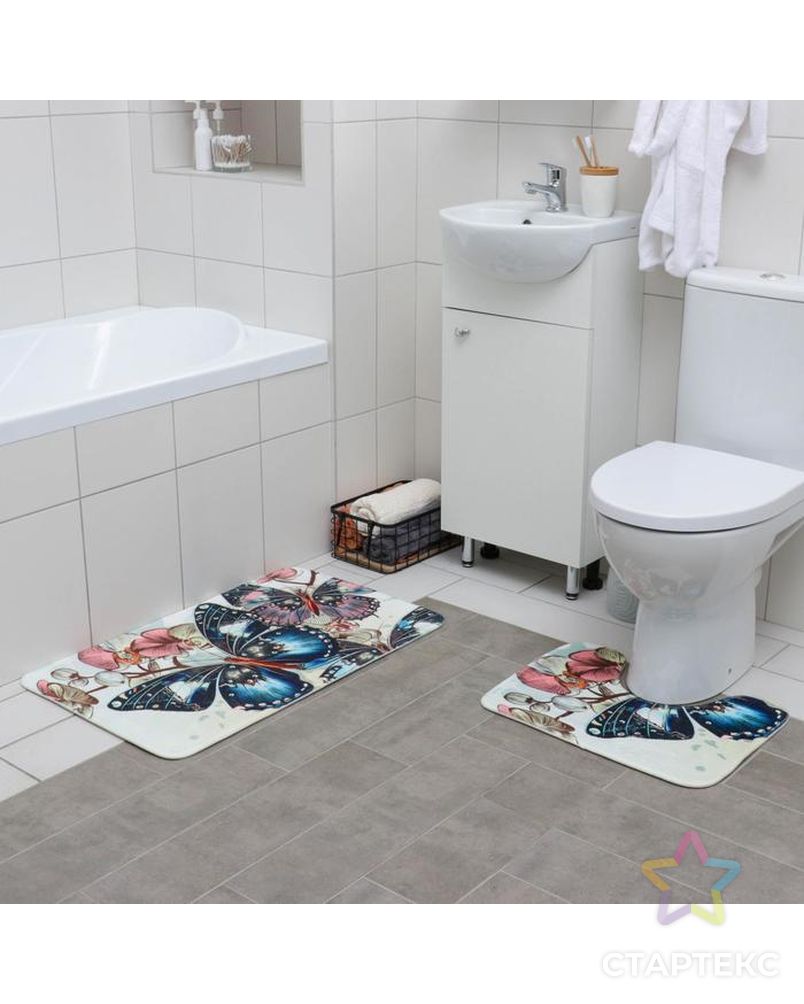 Набор ковриков для ванны и туалета «Бабочки», 2 шт: 50×80, 38×50 см арт. СМЛ-38924-1-СМЛ0005058275 1