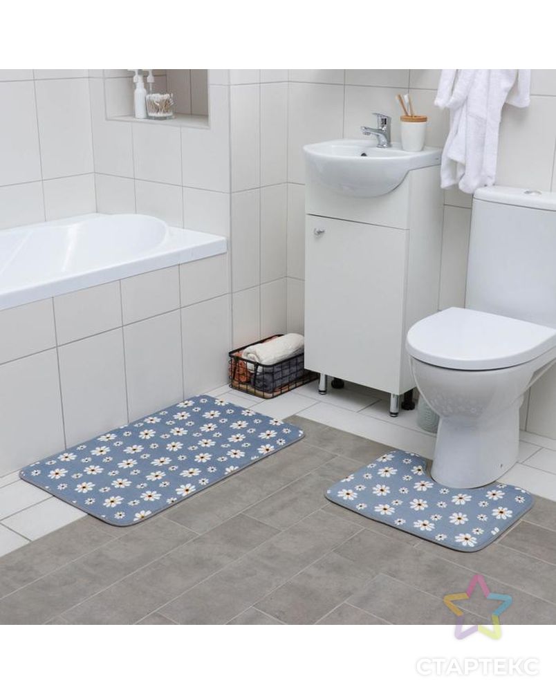 Набор ковриков для ванны и туалета «Ромашки», 2 шт: 50×80, 40×50 см, цвет серый арт. СМЛ-40584-1-СМЛ0005058276