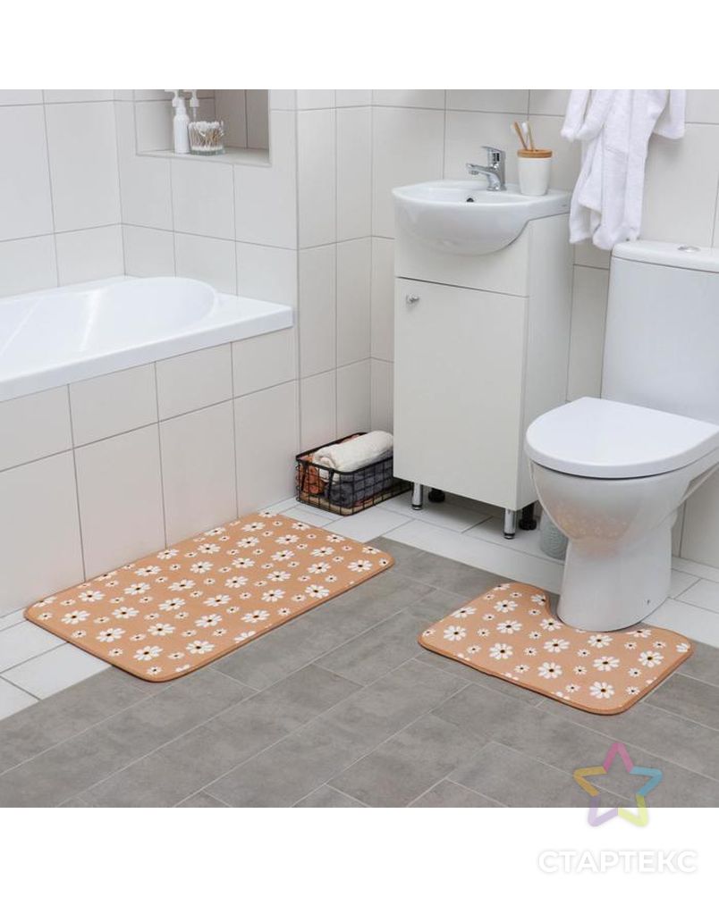 Набор ковриков для ванны и туалета «Ромашки», 2 шт: 50×80, 40×50 см, цвет серый арт. СМЛ-40584-2-СМЛ0005058277 1