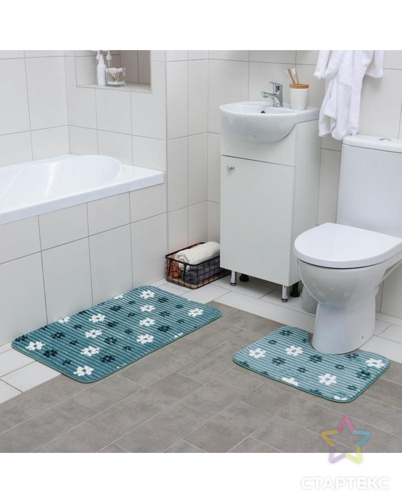 Набор ковриков для ванны и туалета «Ромашки», 2 шт: 50×80, 40×50 см, цвет синий арт. СМЛ-38925-1-СМЛ0005058278 1