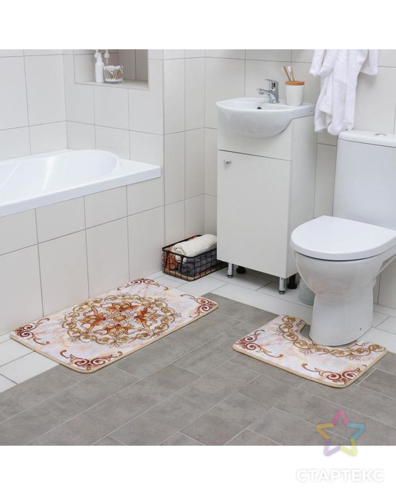 Набор ковриков для ванны и туалета «Орнамент», 2 шт: 50×80, 39×50 см, цвет бежево-коричневый арт. СМЛ-38926-1-СМЛ0005058279