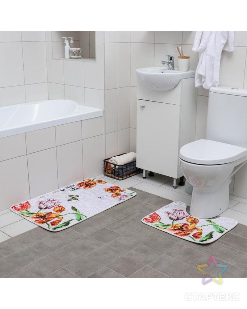 Набор ковриков для ванны и туалета «Тюльпаны на гальке», 2 шт: 50×80, 49×40 см арт. СМЛ-38841-1-СМЛ0005066840 1
