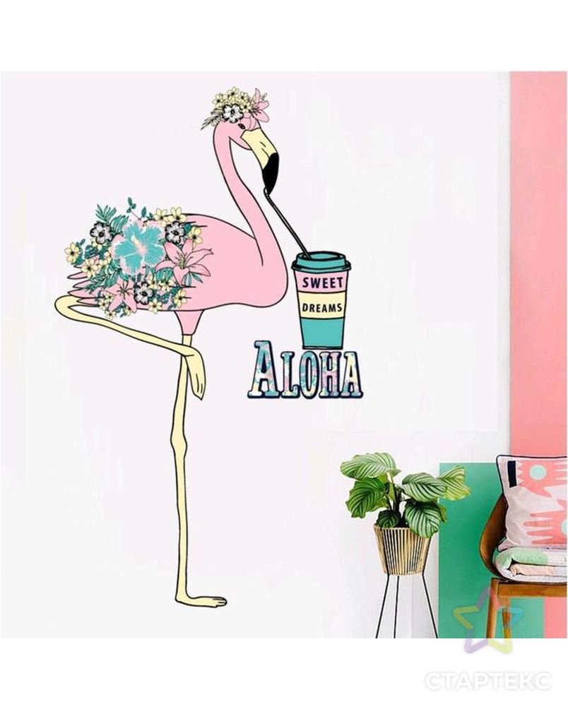 Наклейка пластик интерьерная "Фламинго с цветами" 50х70 см арт. СМЛ-207228-1-СМЛ0005067748 1