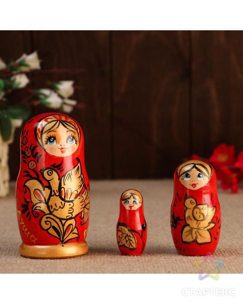 Матрешка " Душа России",3 кукольная, красный фон, 10 см арт. СМЛ-87218-1-СМЛ0005104215 1