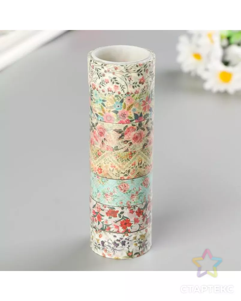 Клейкие WASHI-ленты для декора "ЦВЕТОЧНЫЙ МИКС", 15 мм х 3 м (набор 7 шт) рисовая бумага арт. СМЛ-38186-1-СМЛ0005132682 - рис. 1