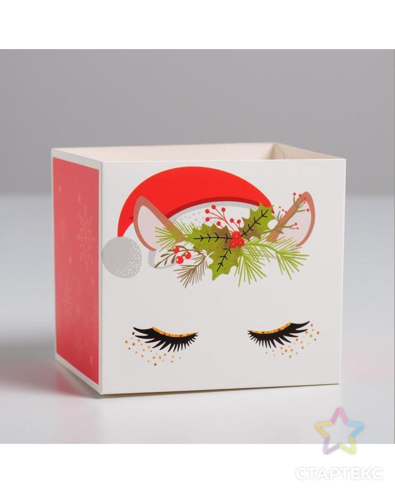Коробка для цветов с топперами «Новогодний единорог», 10 х 10 х 12 см арт. СМЛ-123771-1-СМЛ0005138366 1