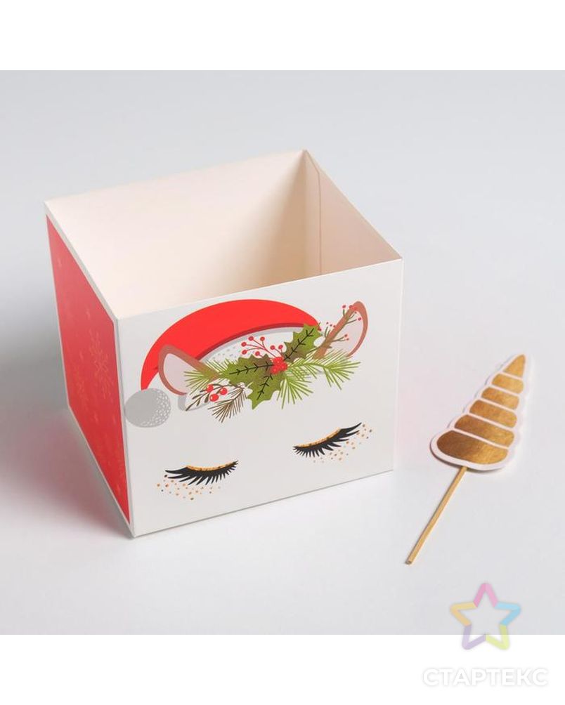 Коробка для цветов с топперами «Новогодний единорог», 10 х 10 х 12 см арт. СМЛ-123771-1-СМЛ0005138366 2