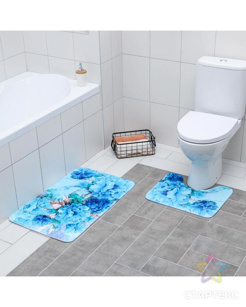 Набор ковриков для ванны и туалета 2 шт, 79х49, 49х40 см "Флори" цвет голубой арт. СМЛ-40985-1-СМЛ0005139217
