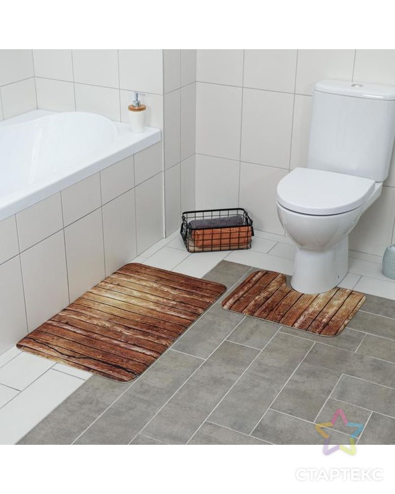 Набор ковриков для ванны и туалета «Досочки», 2 шт: 79×50, 50×39 см, цвет коричневый арт. СМЛ-41809-1-СМЛ0005148843 2