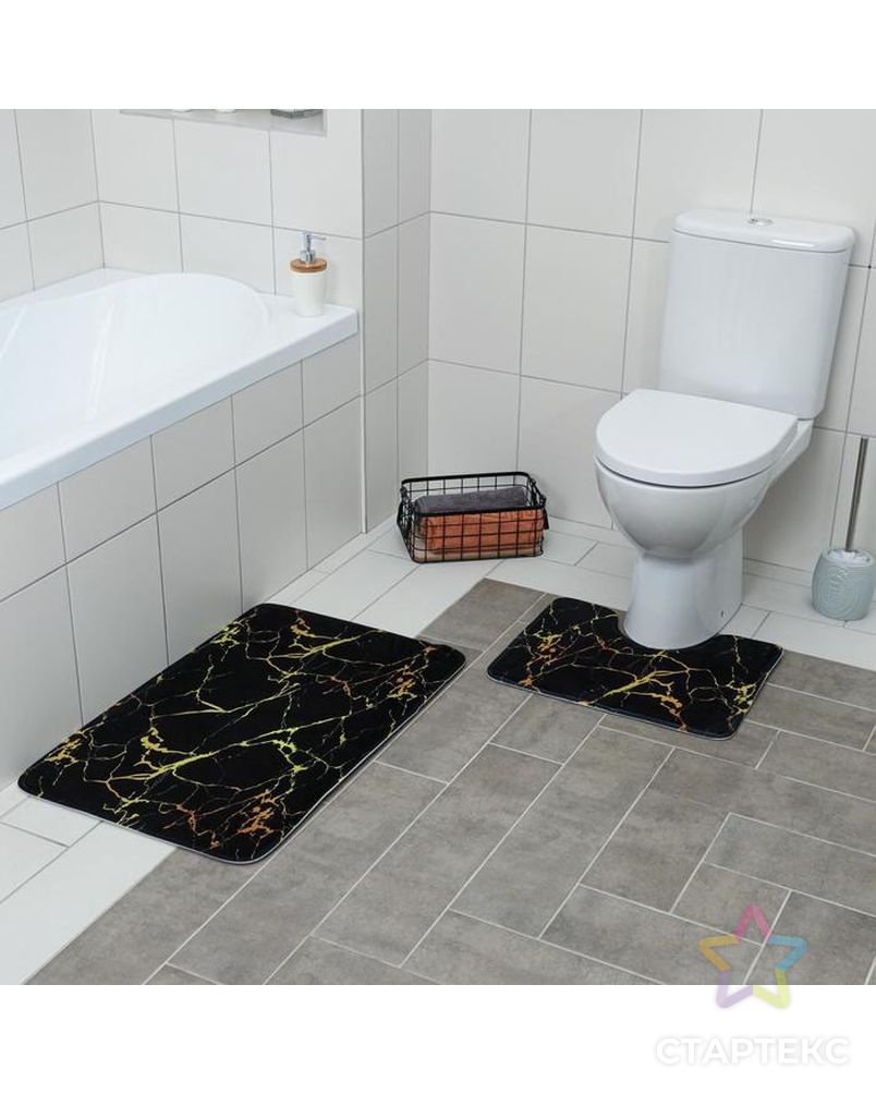 Набор ковриков для ванны и туалета «Мрамор», 2 шт: 79×50, 50×39 см, цвет чёрный арт. СМЛ-41817-1-СМЛ0005148851