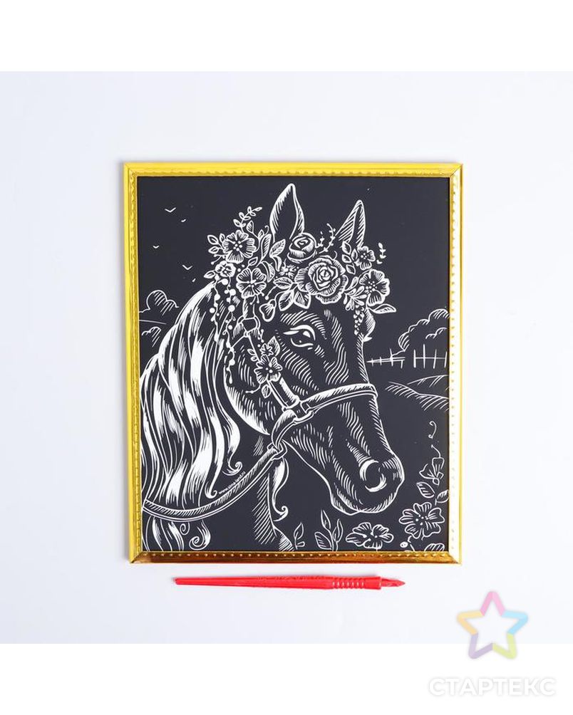 Гравюра в рамке "Лошадь в цветочном венке" арт. СМЛ-122185-1-СМЛ0005177229