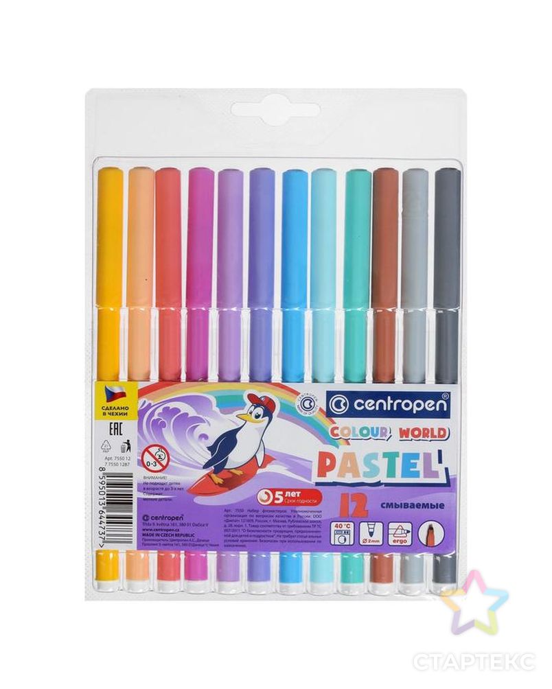 Фломастеры 12 цветов, Centropen Colour World Pastel 7550/12 TP, пастельные, в блистере арт. СМЛ-177875-1-СМЛ0005199874 1