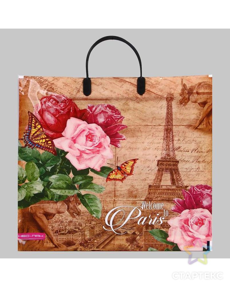 Пакет "Париж с розами", полиэтиленовый с пластиковой ручкой, 37х35 см, 90 мкм арт. СМЛ-106824-1-СМЛ0005221753 1
