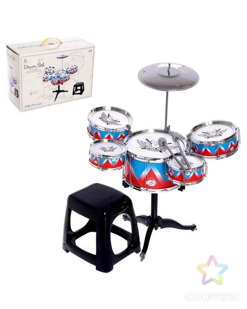 Барабанная установка "Рок", 5 барабанов, тарелка, палочки, стульчик арт. СМЛ-136266-1-СМЛ0005246445 1