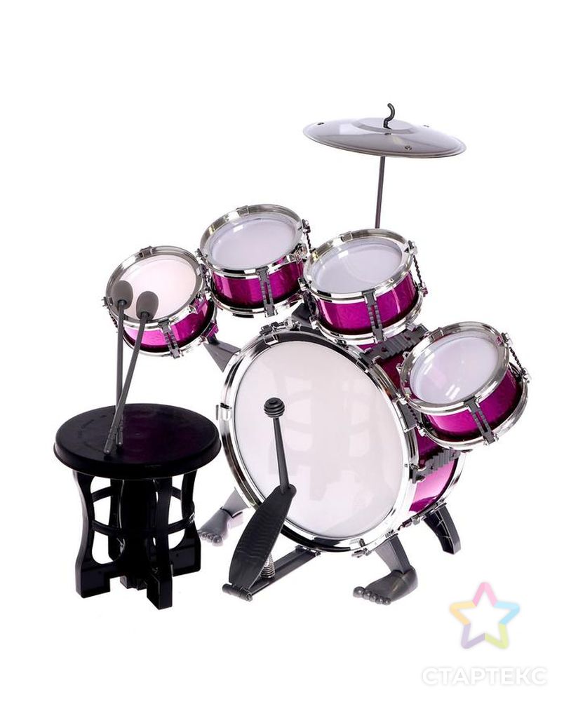 Барабанная установка "Басист", 5 барабанов, тарелка, палочки, стульчик, педаль, МИКС арт. СМЛ-136267-1-СМЛ0005246446 4