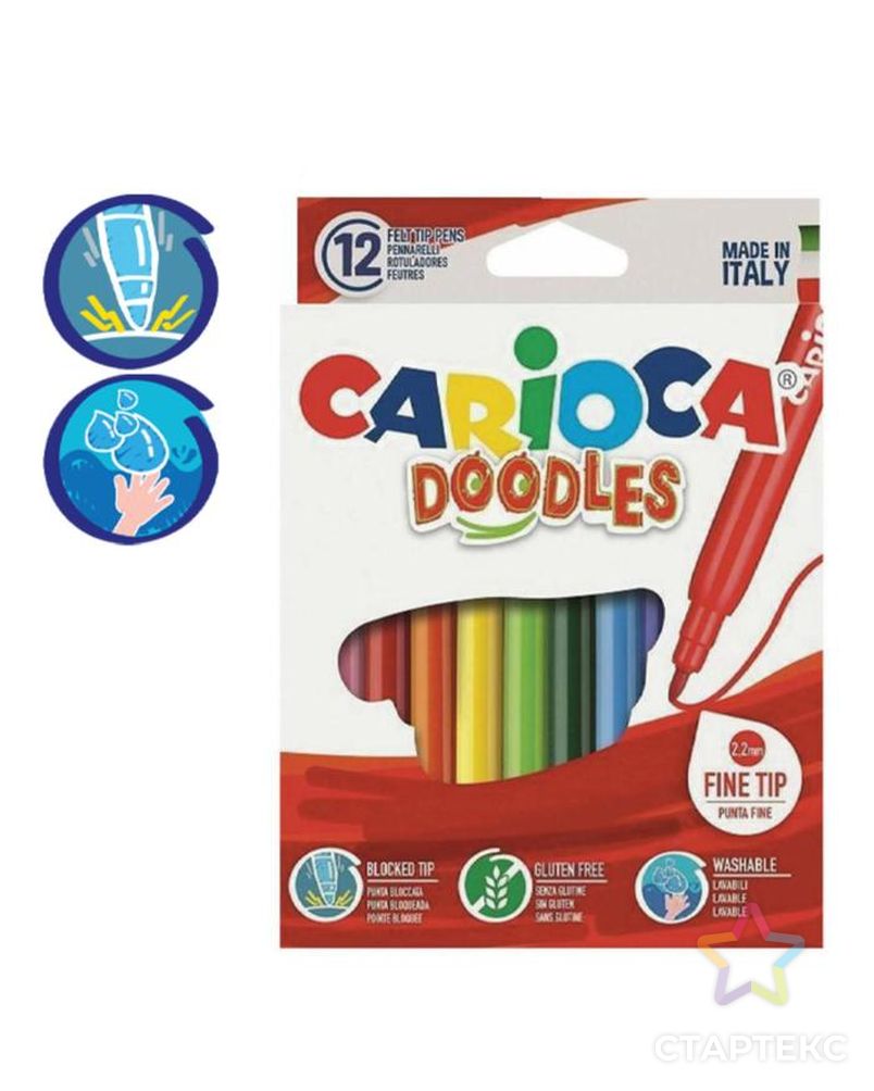 Фломастеры 12 цветов Carioca "Doodles" 2.2 мм, суперяркие, смываемые, картон, европодвес арт. СМЛ-177958-1-СМЛ0005271104 1
