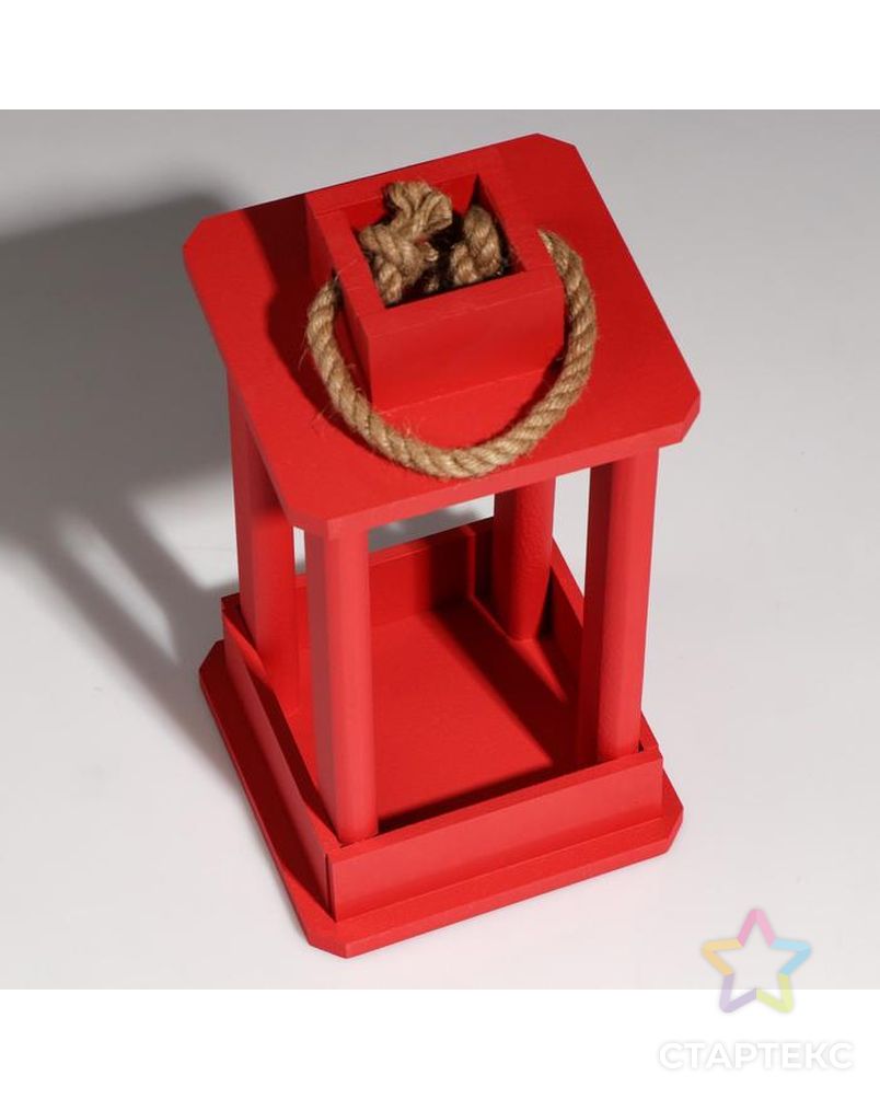 Кашпо деревянное "Фонарь", ручка верёвка, красный, 16×16×30 см арт. СМЛ-93508-1-СМЛ0005274076 3