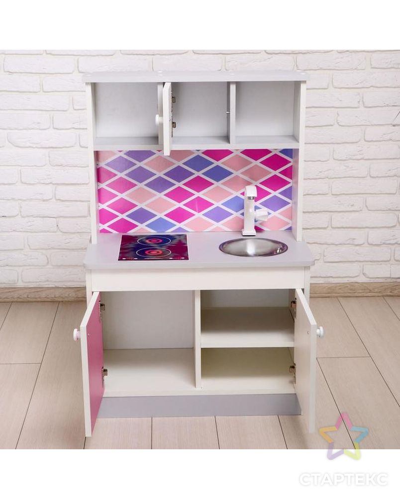 Набор игровой мебели «Детская кухня Sitstep», бело-серый корпус, фасады бело-малиновые, фартук ромб арт. СМЛ-118216-1-СМЛ0005274753 4