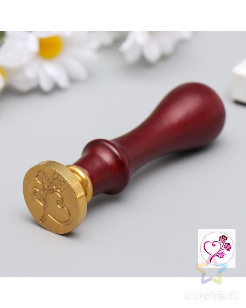 Печать для сургуча с деревянной ручкой "Розы и сердце" 9х2,5х2,5 см арт. СМЛ-132828-1-СМЛ0005278982