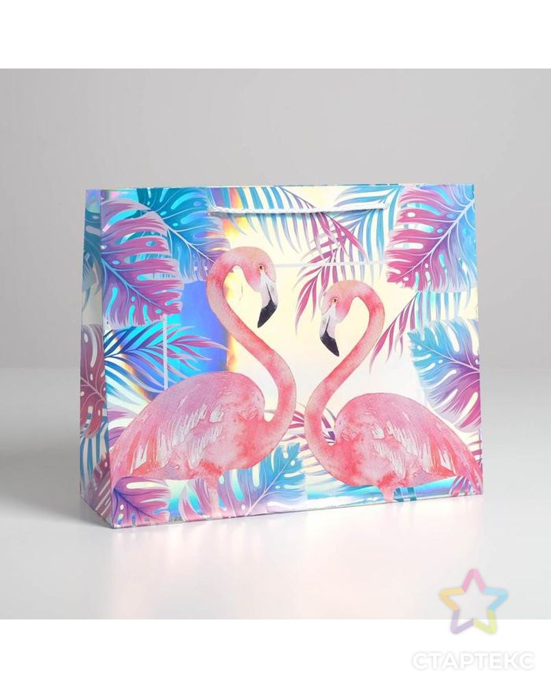Пакет подарочный голографический «Фламинго», 32 × 26 × 12 см арт. СМЛ-131635-1-СМЛ0005307573 1