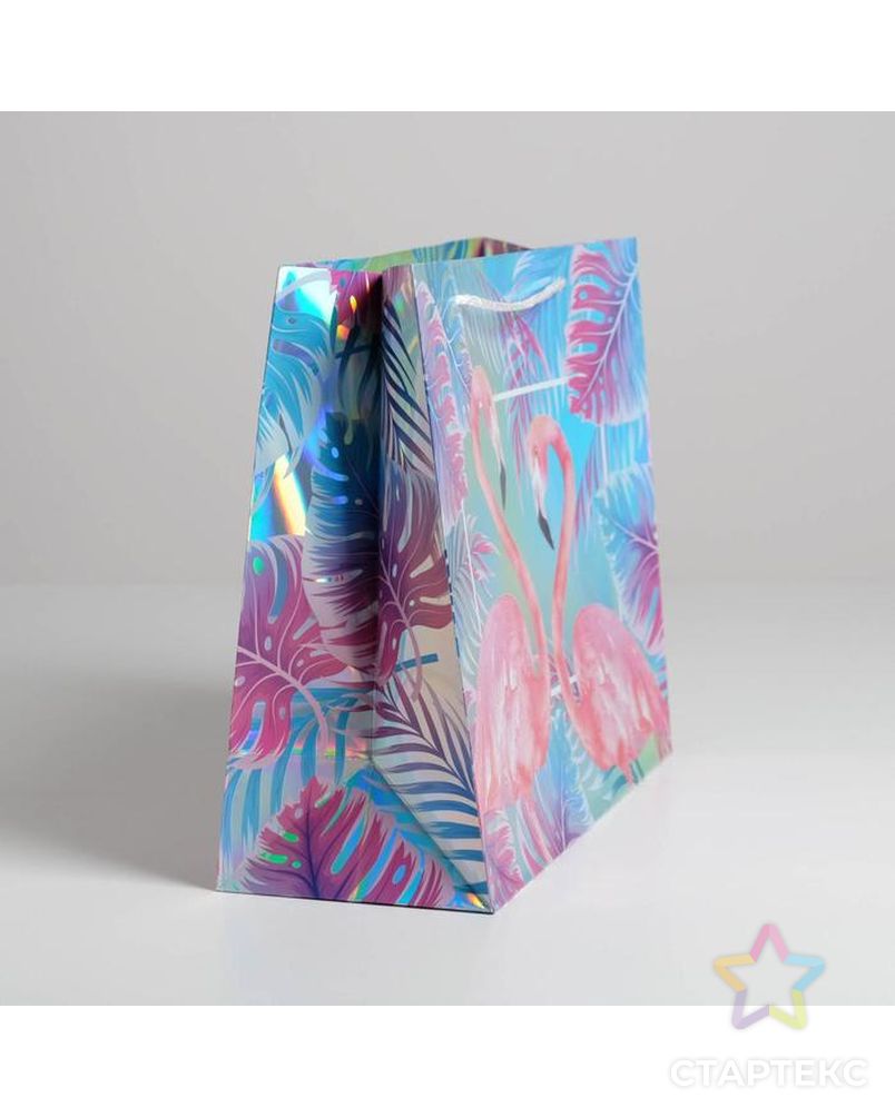 Пакет подарочный голографический «Фламинго», 32 × 26 × 12 см арт. СМЛ-131635-1-СМЛ0005307573 2
