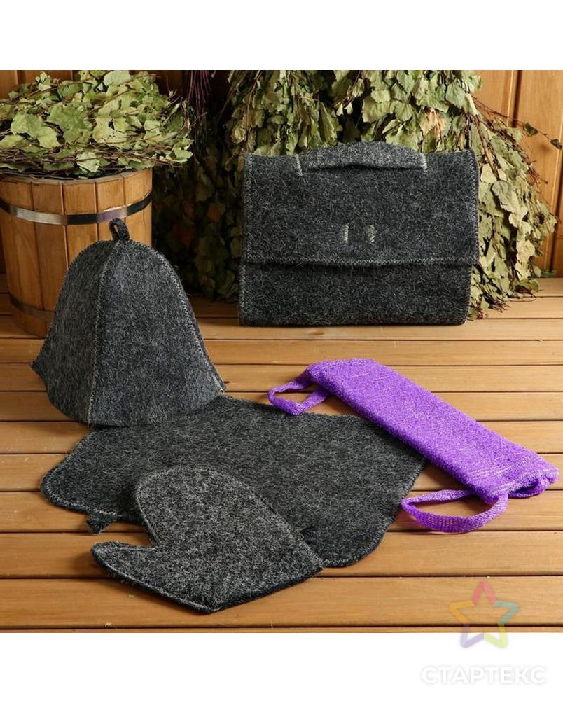 Набор для бани и сауны 5 в 1 (сумка, шапка, варежка, коврик, мочалка), чёрный арт. СМЛ-178278-1-СМЛ0005312315 1