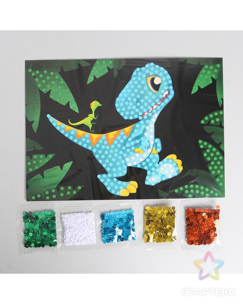 Аппликация пайетками «Динозавры в джунглях» + 5 цветов пайеток по 7 грамм арт. СМЛ-141303-1-СМЛ0005395298 2