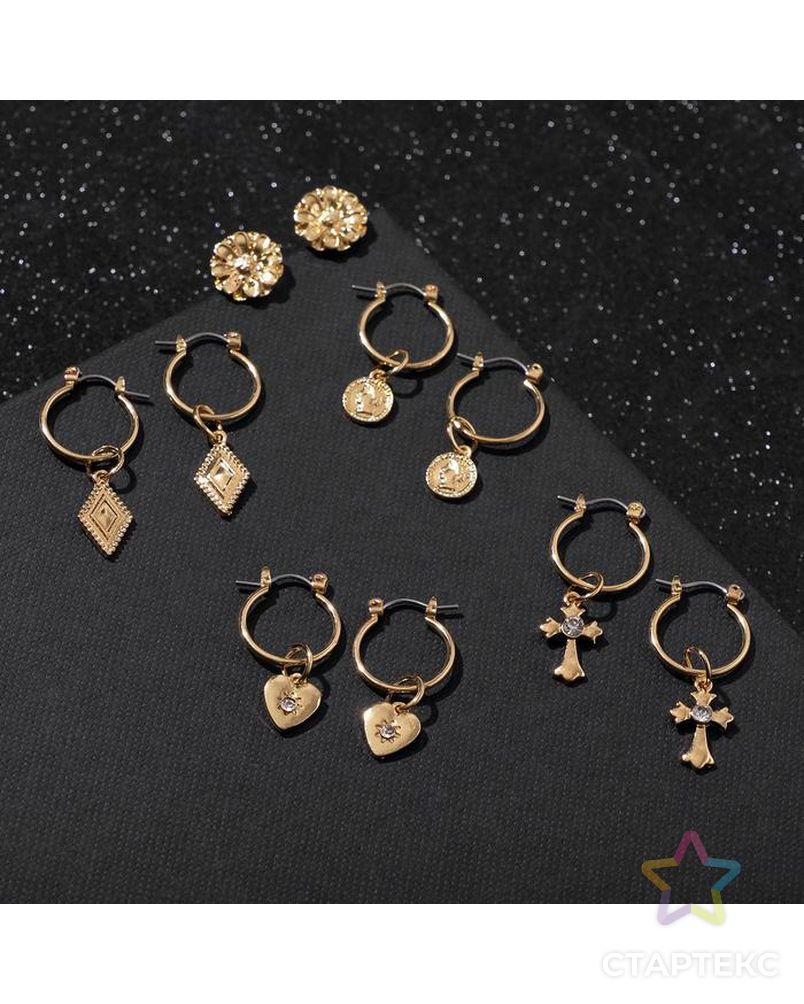 Серьги-кольца набор 5 пар "Конго" с подвесками, цвет золото арт. СМЛ-138474-1-СМЛ0005399665 1