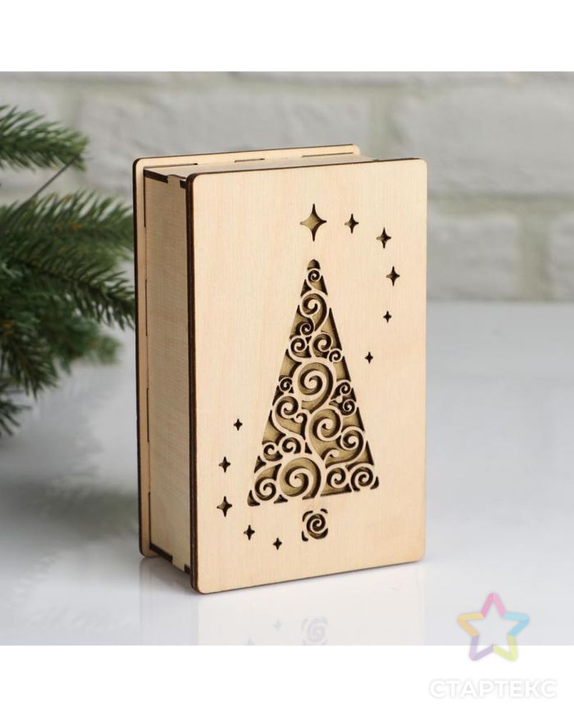 Коробка деревянная, 15×9.5×5.5 см "Новогодняя. Ёлочка", подарочная упаковка арт. СМЛ-121994-1-СМЛ0005400563 1
