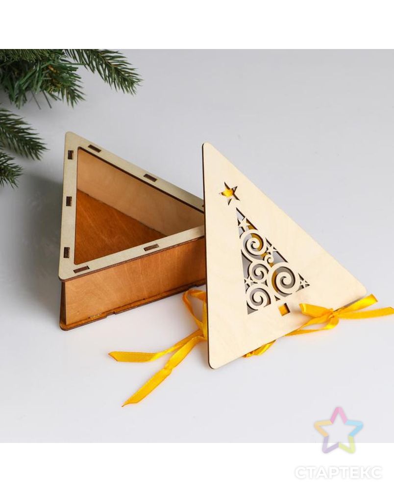 Коробка деревянная, 14.5×13.5×5.5 см "Новогодняя. Треугольник + ёлка", подарочная упаковка арт. СМЛ-121996-1-СМЛ0005400569 2