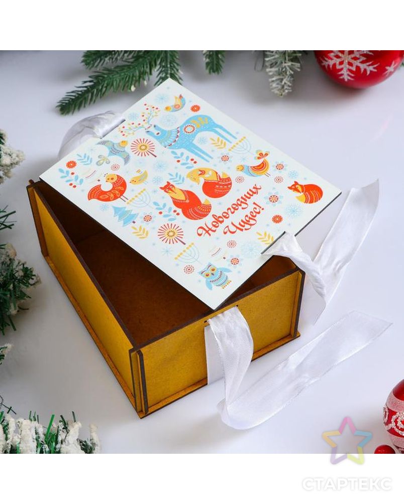 Коробка деревянная, 16×13×9 см "Новогодняя. Новогодних чудес", подарочная упаковка, ленты арт. СМЛ-122016-1-СМЛ0005400587 2