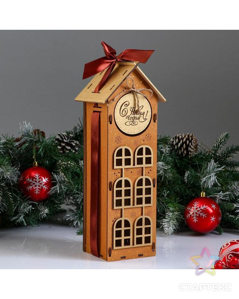 Коробка деревянная, 13.5×11.5×36.5 см "Новогодняя. Домик", подарочная упаковка, мокко арт. СМЛ-155049-1-СМЛ0005400588 1