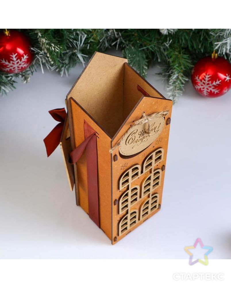 Коробка деревянная, 13.5×11.5×36.5 см "Новогодняя. Домик", подарочная упаковка, мокко арт. СМЛ-155049-1-СМЛ0005400588 4