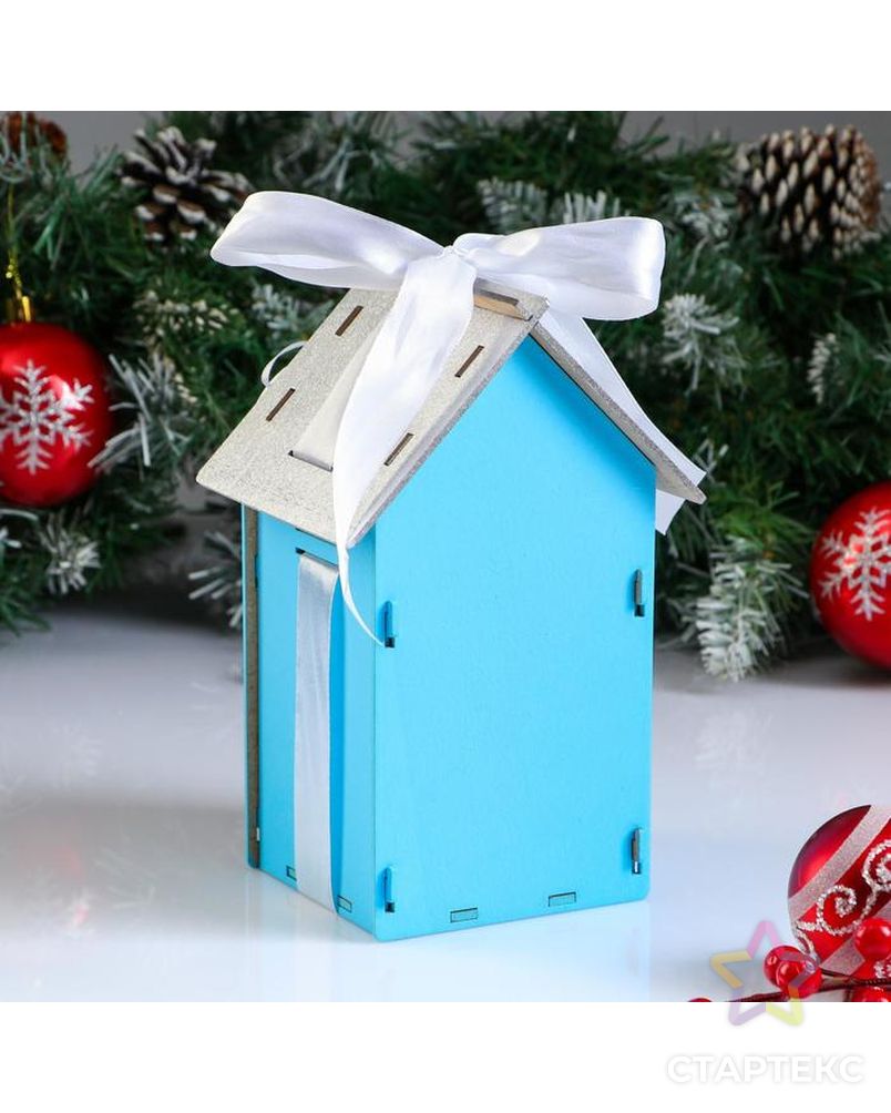 Коробка деревянная, 13.5×11.5×21 см "Новогодняя. Домик", подарочная упаковка, синий арт. СМЛ-155051-1-СМЛ0005400590 2