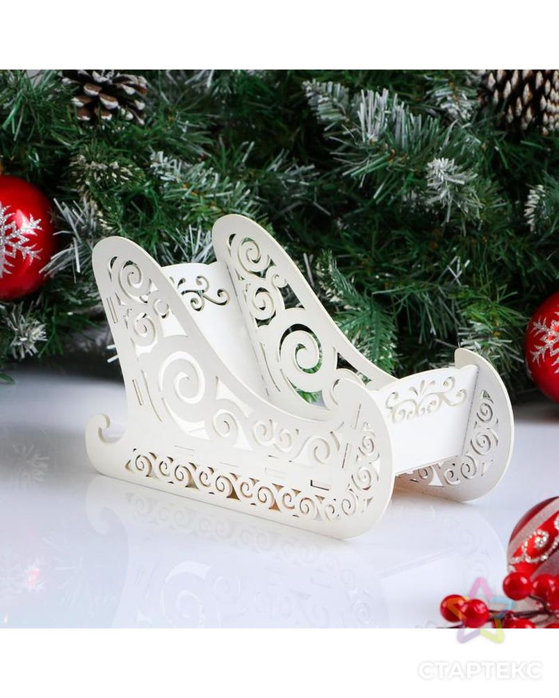 Кашпо деревянное, 23×10×14 см "Новогоднее. Санки", подарочная упаковка, белое арт. СМЛ-155052-1-СМЛ0005400598 1