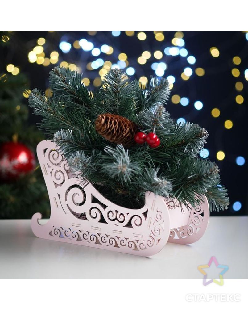 Кашпо деревянное, 23×10×14 см "Новогоднее. Санки", подарочная упаковка, розовая пастель арт. СМЛ-155053-1-СМЛ0005400599 1