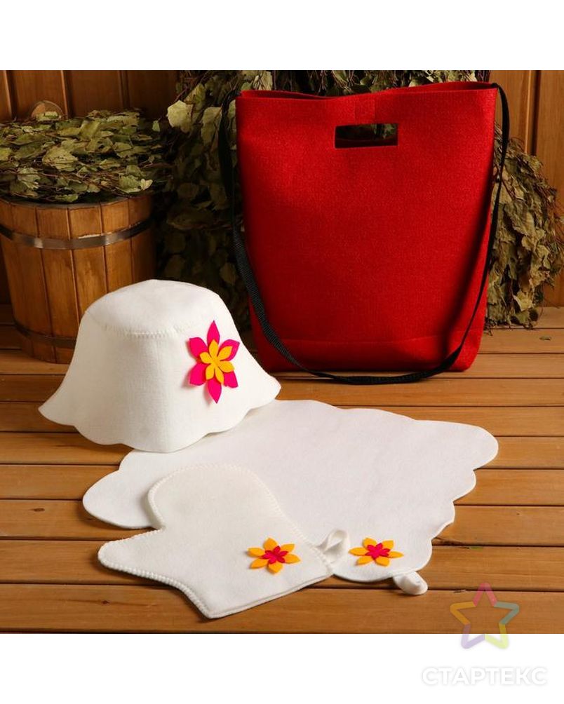 Набор банный портфель сумка красная шапка,коврик,рукавица "Цветочек" арт. СМЛ-178251-1-СМЛ0005404382