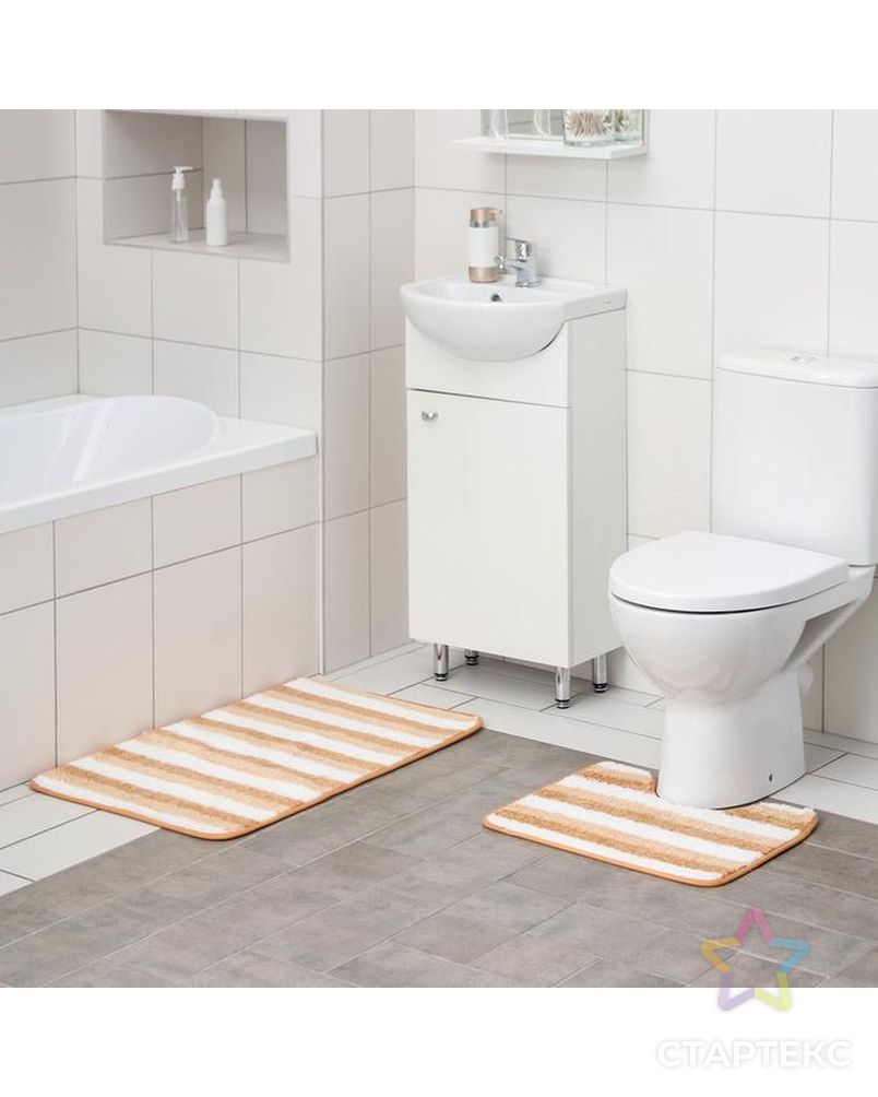 Набор ковриков для ванны и туалета 2 шт 50х80, 40х50 см "Полосатик" цвет бежево-коричневый арт. СМЛ-144225-1-СМЛ0005412444