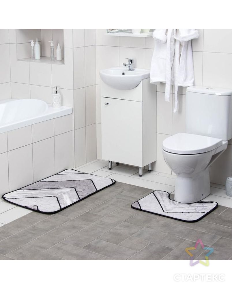 Набор ковриков для ванны и туалета 2 шт 40х50, 50х80 см "Галька геометрическая" цвет серый арт. СМЛ-133344-1-СМЛ0005413824 2