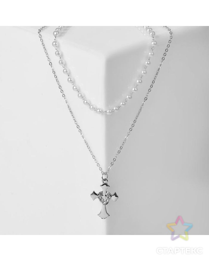 Кулон "Цепь" нить из жемчуга, крест с сердцем, цвет белый в серебре, 35 см арт. СМЛ-133603-1-СМЛ0005414343 1