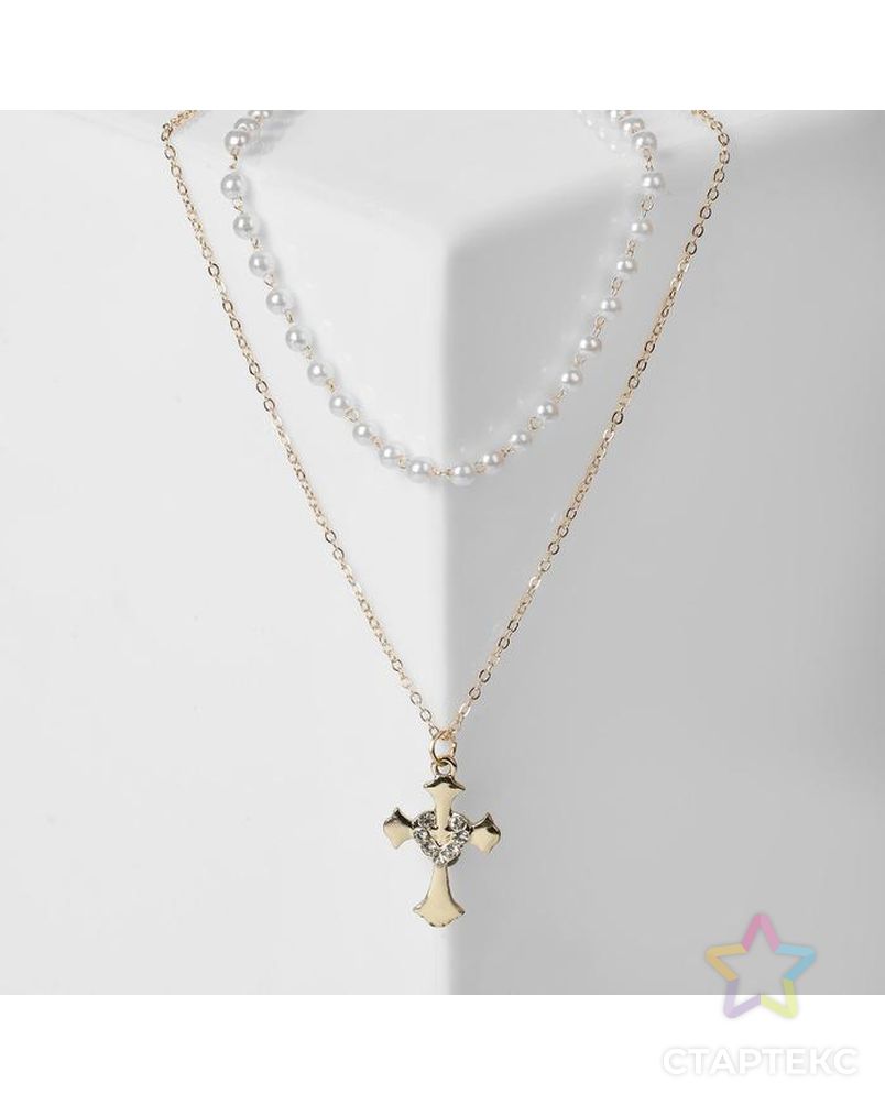 Кулон "Цепь" нить из жемчуга, крест с сердцем, цвет белый в серебре, 35 см арт. СМЛ-133603-2-СМЛ0005414344 1