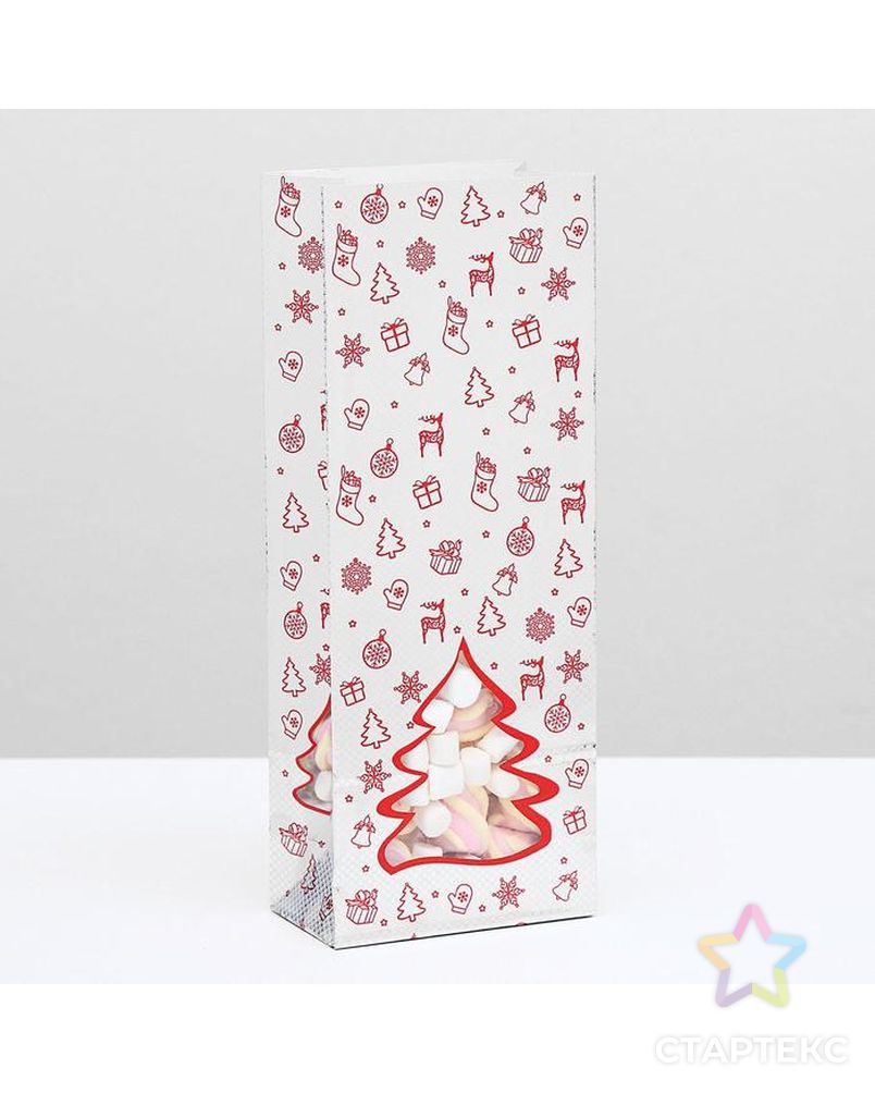 Пакет бумажный фасовочный "Новогодний" с окном, серебро-красный,10 х 6 х 26 см арт. СМЛ-120126-1-СМЛ0005420608 1