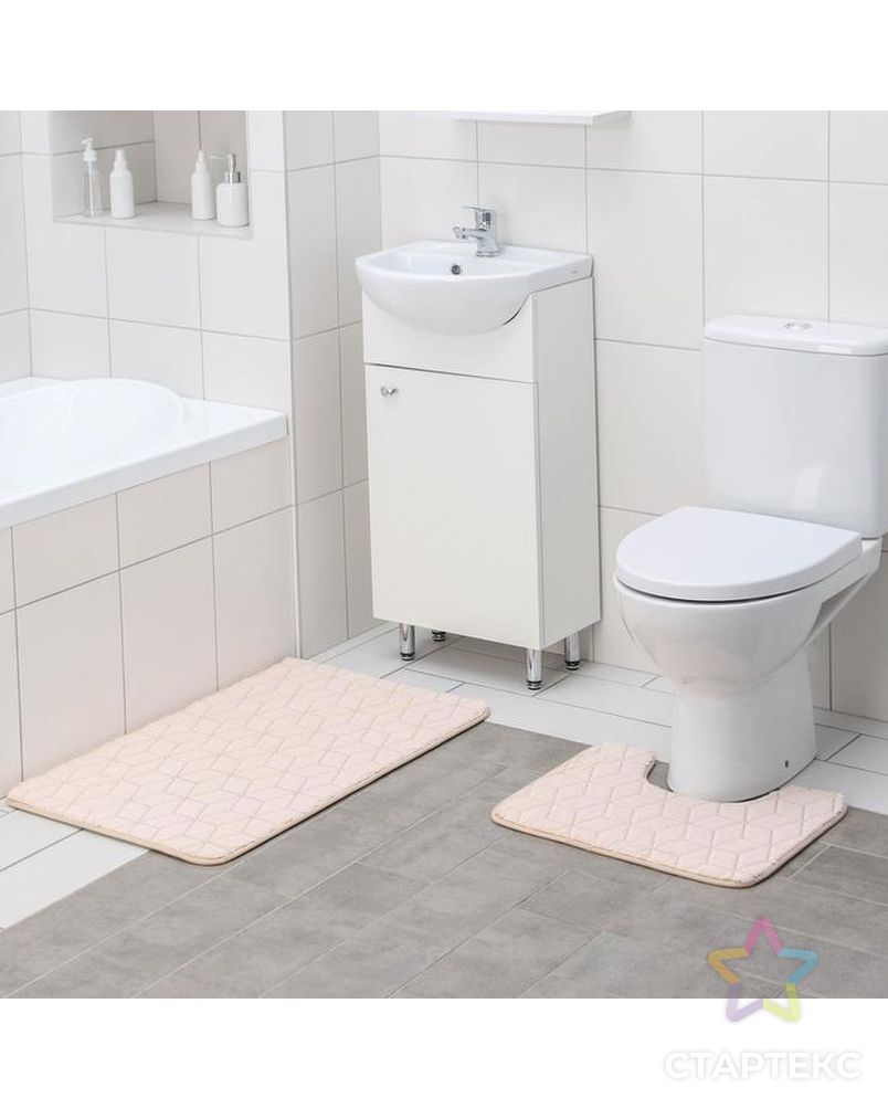 Набор ковриков для ванны и туалета 2 шт  40х50, 50х80 см "Геометрик" цвет молочный арт. СМЛ-141689-1-СМЛ0005421498