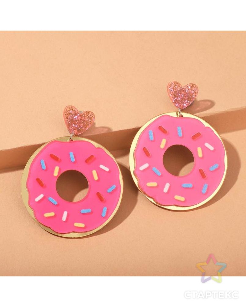 Серьги пластик "Вкусняшка" пончики с сердечками, цвет розовый в золоте арт. СМЛ-137447-1-СМЛ0005427105 1